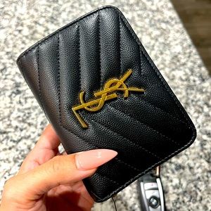 Authentic YSL Black Leather Compact Wallet with Gold-Tone Hardware